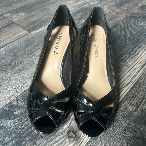 easy street Shoes - Easy Street Women's Black Patent Peep Toe Heels Shoes Size 6.5